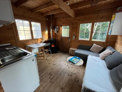 a living room with a blue couch and a kitchen at Chalet en lisiere de Foret in Lacanau
