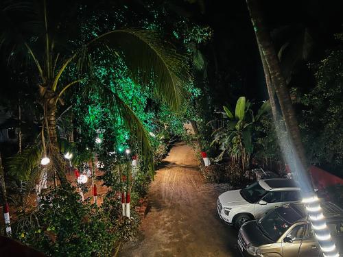 a street with cars parked in front of a palm tree at Deepdaya Cottage in Alībāg