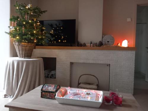 a living room with a christmas tree and a fireplace at Chez Paulette in Avelgem