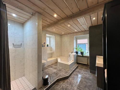 a large bathroom with a tub and a shower at Zwischen Wald und Wiese in Lilach