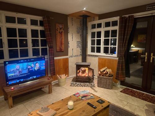a living room with a television and a fireplace at Cuckoo Cabin, Tyn Y Cwm in Scyborycoed