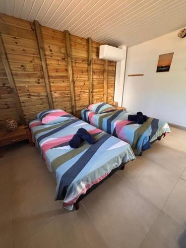 two beds in a room with wooden walls at Vanille-colibris Le Domaine Mannou in Sainte-Rose