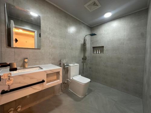 a bathroom with a toilet and a sink and a mirror at Sea Tides Dhangethi in Dhangethi