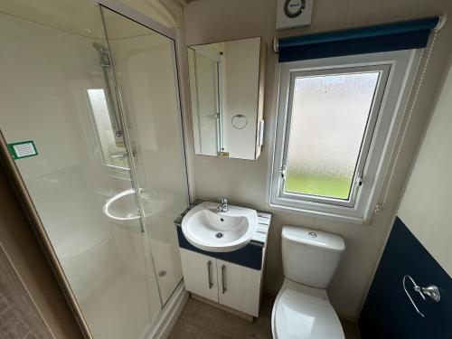 a bathroom with a toilet and a sink and a shower at Church meadow 39 in Pagham