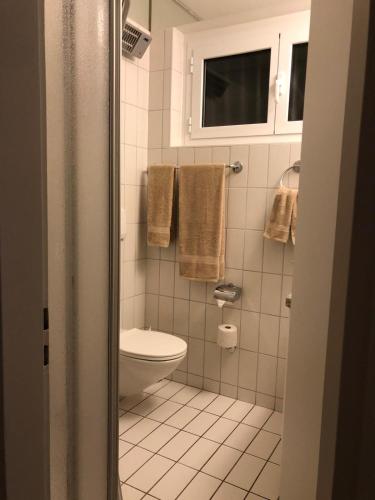 a bathroom with a toilet and towels and a window at Casa Bellavista Rovio in Rovio