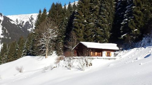 a cabin in the snow on a snowy mountain at Hütta Monika in Sankt Gallenkirch