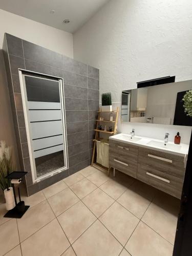 a bathroom with a sink and a large mirror at Loft Des Sens in Saint-Chamond