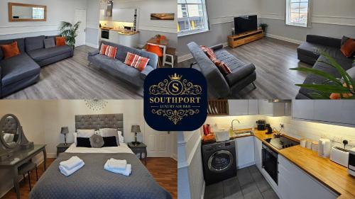 two pictures of a living room and a living room with a bed at Lakeview Apartment, central location, Sea and Lake view, free parking & WiFi in Southport