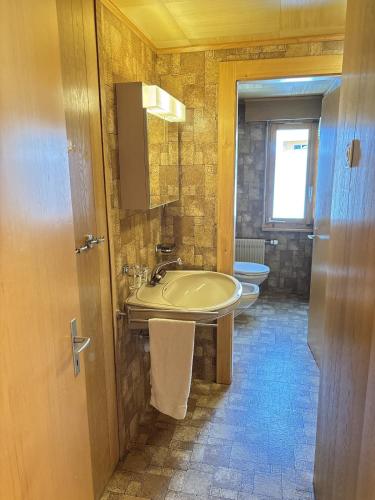 a bathroom with a sink and a toilet at Easy Central Stay with Parking in Grächen