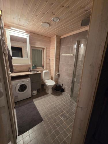 a bathroom with a toilet and a sink and a shower at Villa lehto in Kuusamo
