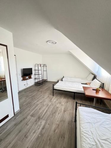 ein Zimmer mit einem Bett, einem Schreibtisch und einem Fernseher in der Unterkunft FlyInn-Pension Airport-Messe in Leinfelden-Echterdingen