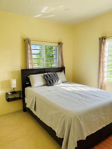 a bedroom with a large bed with two windows at O L S Property in Saint Marks Village