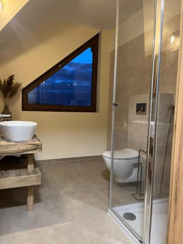 a bathroom with a shower and a toilet and a window at Na szlaku Baraniej Góry in Istebna