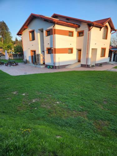 a house with a green lawn in front of it at MONADIN Villa Relax & Spa in Săcele