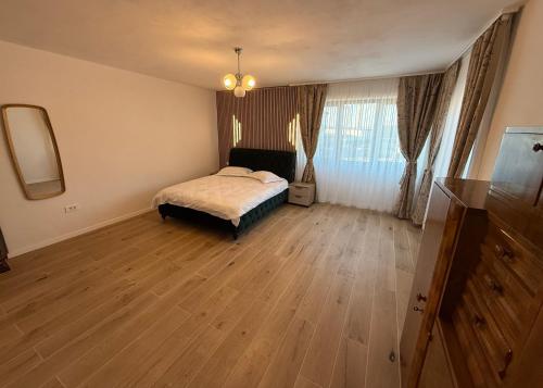 a bedroom with a bed and a dresser and a mirror at Casa Romanța in Cehu Silvaniei