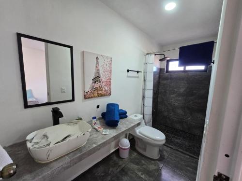 een badkamer met een wastafel, een toilet en een spiegel bij Loft2 PB in Mérida