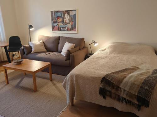 een woonkamer met een bed en een bank bij Eskolampi in Helsinki