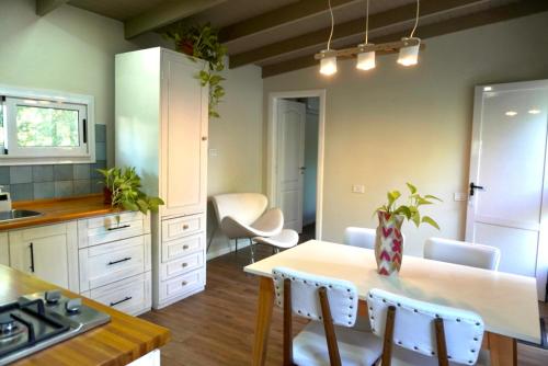 a kitchen with white cabinets and a table with chairs at Blanco Jazmines in Concepción del Uruguay