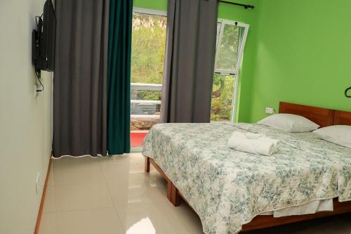 Schlafzimmer mit einem Bett mit grünen Wänden und Fenstern in der Unterkunft Residencial Chez Flávia in Pombas