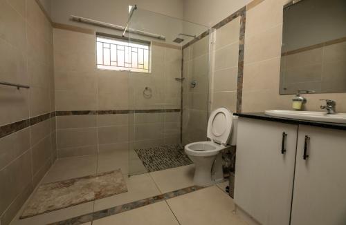 a bathroom with a toilet and a shower and a sink at Home Very Close To CBD in Gaborone