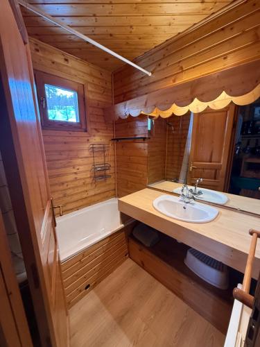 a bathroom with a tub and a sink and a bath tub at Duplex cosy jusqu'à 6 personnes- chalet des Pléiades - départ skis aux pieds en bordure de piste sans portage - au milieu des fleurs en été - l'autre duplex du chalet est également à nous in Risoul