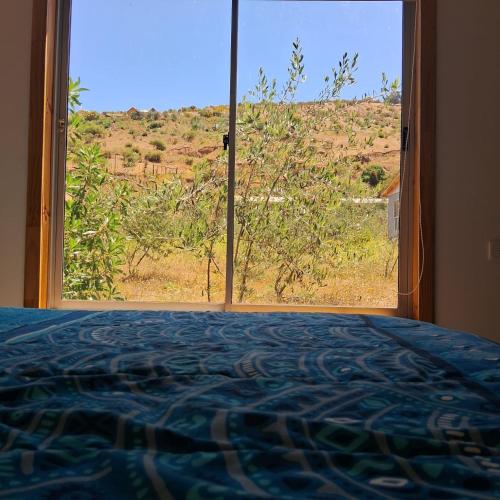 a bedroom with a bed and a window with a view at Cabañas Montesol Mejor Vista a las estrellas in Choapa