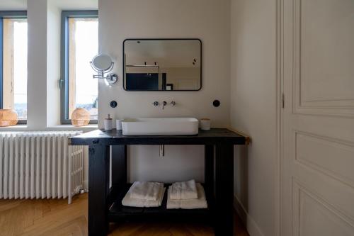 a bathroom with a sink and a mirror at La Maison et l'Orangerie in Saint-Jean-des-Vignes
