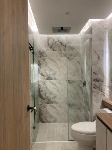 a bathroom with a glass shower with a toilet at Magica Cartagena Suite in Cartagena de Indias