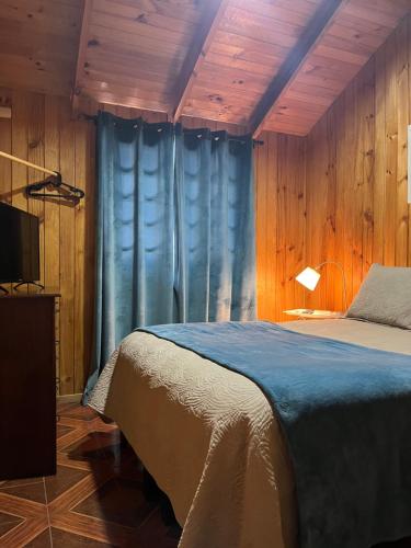 een slaapkamer met een bed, een tv en houten wanden bij Cabañas Valentina in Valdivia