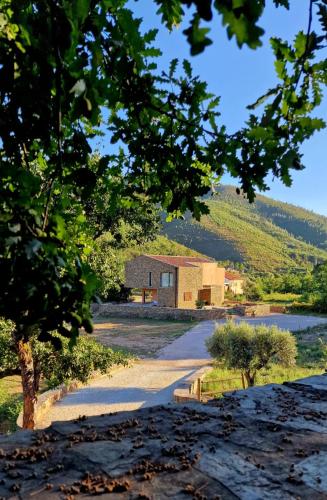 a road leading to a building with mountains in the background at Quinta das Levadas - Country House & Nature in Alvoco das Várzeas