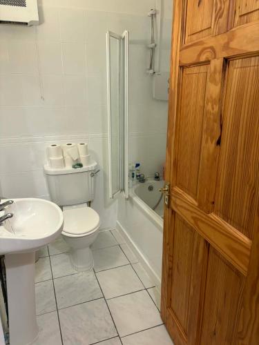 een badkamer met een toilet, een wastafel en een douche bij Riverchapel Guesthouse in Courtown