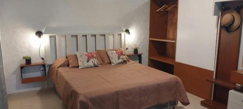 a bedroom with a large bed with two pillows at La Casita de Oreste in Cosquín