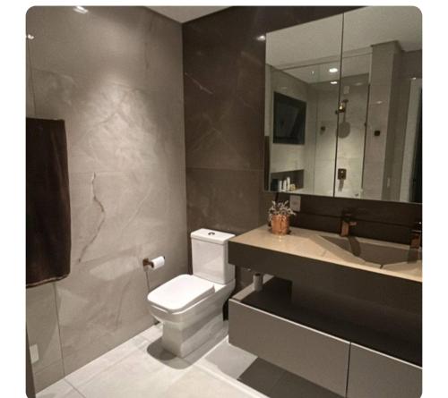 a bathroom with a toilet and a sink and a mirror at Casa de luxo com piscina in Florianópolis