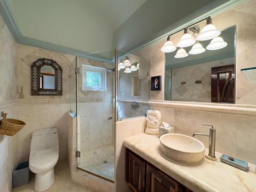 a bathroom with a sink and a shower and a toilet at Belizean Cove Estates Beachfront Villas in San Pedro