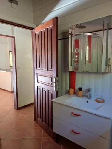 a kitchen with a sink and a wooden door at Villa Petitparadis in Le Carbet