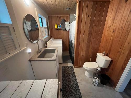 a small bathroom with a toilet and a sink at Cozy Cabin near KentuckyLake in Murray