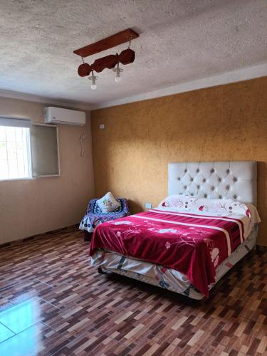 a bedroom with a large bed with a red blanket at Cabaña La Anita in Cosquín