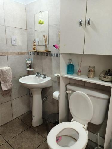 a bathroom with a toilet and a sink at Cabaña La Anita in Cosquín