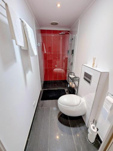 a bathroom with a toilet and a red shower at Entire Studio in Moonee Ponds with Free Parking in Melbourne