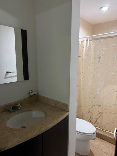 a bathroom with a sink and a toilet and a mirror at Departamento Torres del Rio Privada Desarrollo Urbano Tres Rios Facturamos in Culiacán