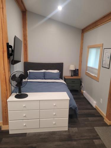 una camera da letto con un letto con una cassettiera e una TV di Wells Gray Stay And Play a Clearwater