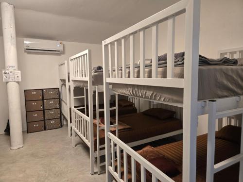 ein Zimmer mit drei Etagenbetten in einem Zimmer in der Unterkunft Phangan backpacker in Haad Rin