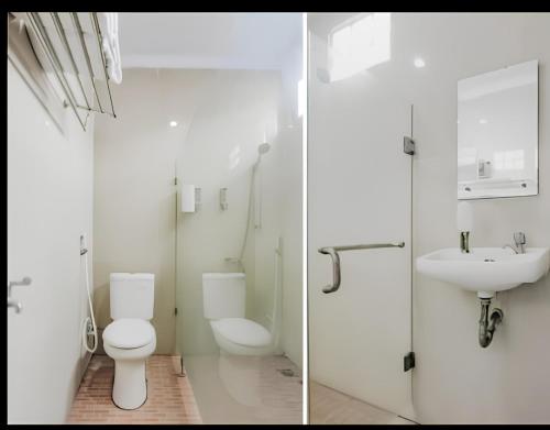 twee afbeeldingen van een badkamer met toilet en wastafel bij Hotel Inayah Syariah in Kumprung