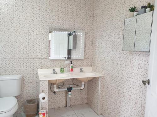 a bathroom with a sink and a toilet at Cambridge Heights Guest House in Port Maria