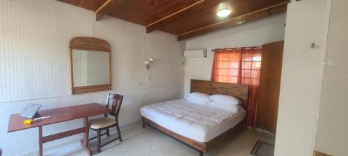 a bedroom with a bed and a desk and a mirror at Palm Beach 278 in Palm-Eagle Beach