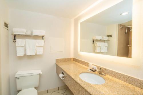 a bathroom with a sink and a toilet and a mirror at Elimwood Hotel, a Ramada by Wyndham in Maryland Heights