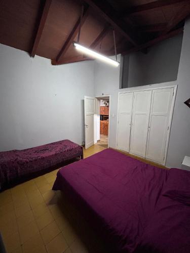 2 bedden in een kamer met paarse lakens bij Departamento Zoe in La Falda