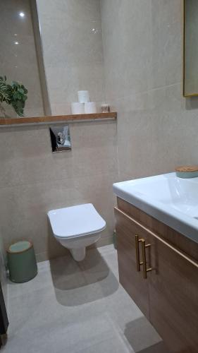 a bathroom with a white toilet and a sink at Le cocon drargua in Agadir