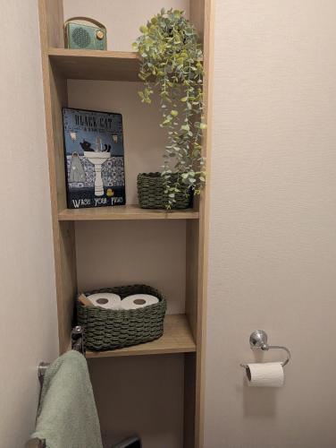 a bathroom with a shelf with toilet paper and plants at SummerBreeze Retreat in Hartley