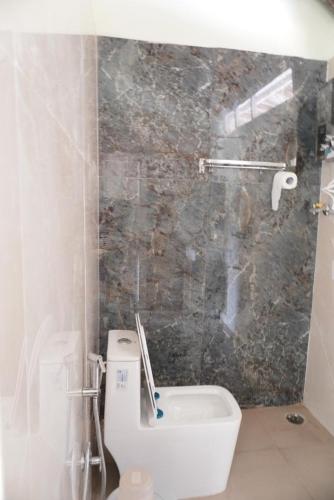 a bathroom with a toilet and a stone wall at Tropical Hampi in Hampi